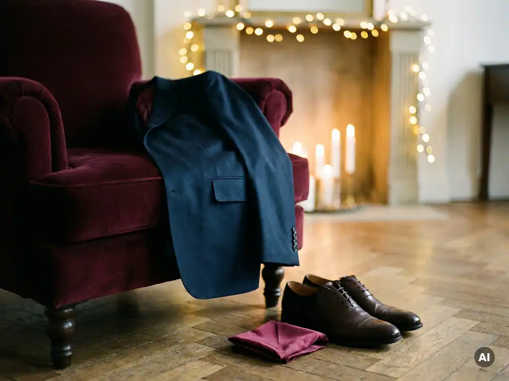 Marineblauw wollen kostuum op fluwelen stoel met bordeauxrode pochet en gepoetste oxfords op eiken visgraatparket, kerstsfeer met kaarslicht.