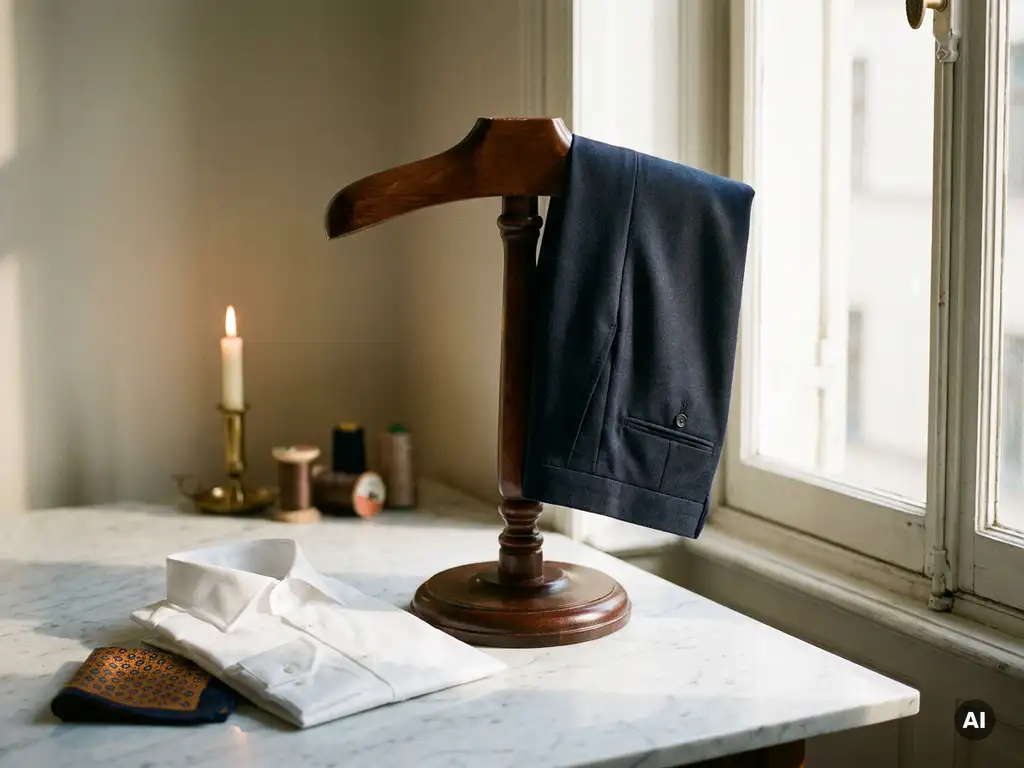 Une veste de costume bleu foncé sur un mannequin en bois, avec une chemise blanche plissée et une pochette en soie, posée sur une surface en marbre baignée d'une lumière chaude d'atelier.