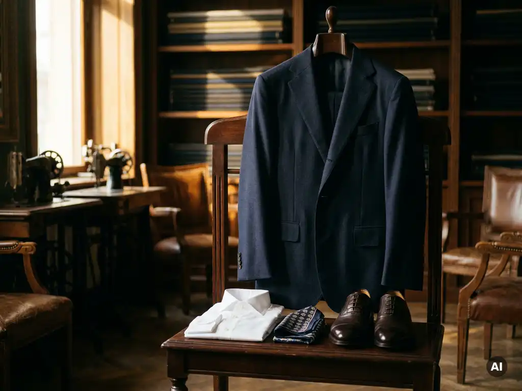 Costume en laine bleu marine foncé posé sur un valet de bois, avec une chemise blanche, une pochette en soie et des chaussures Oxford cirées d'une teinte or chaud.
