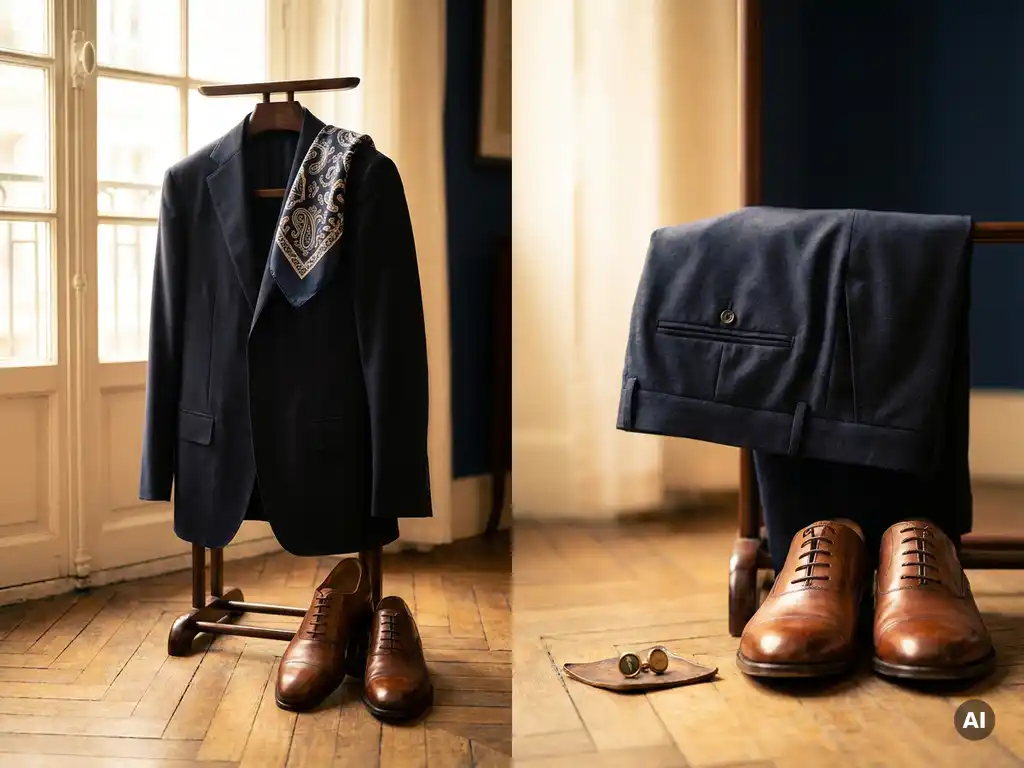 Marineblauw slim-fit colbert op houten valetstandaard met zijden pochet, glanzende Oxford-schoenen en messing manchetknoop op eiken visgraatparket.