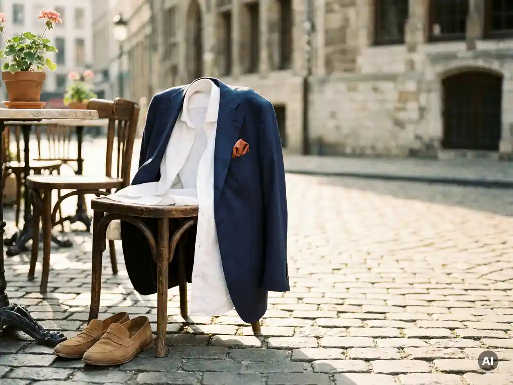 Marineblauw colbert over houten caféstoelleuning met wit linnen overhemd, terracotta pochet en suède loafers op Brussels terras in middagzon.