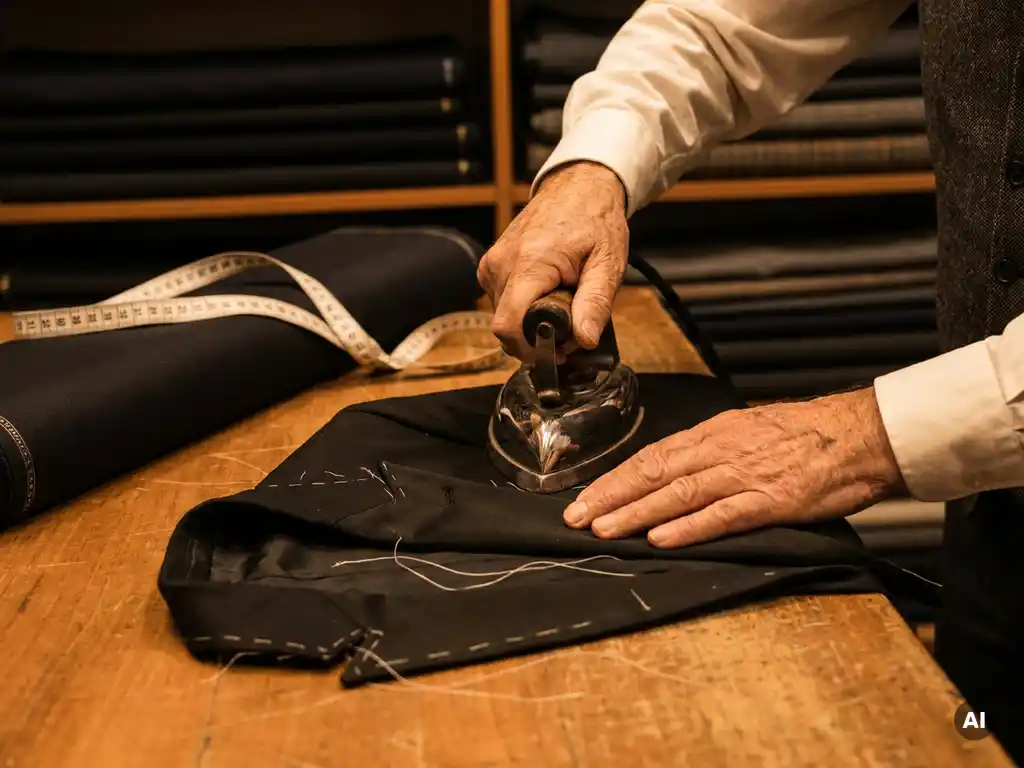 Un tailleur presse un revers de smoking noir à moitié fini sur une table de coupe ; on distingue les traits de crayon et les points de bâti, avec un mètre ruban à côté.