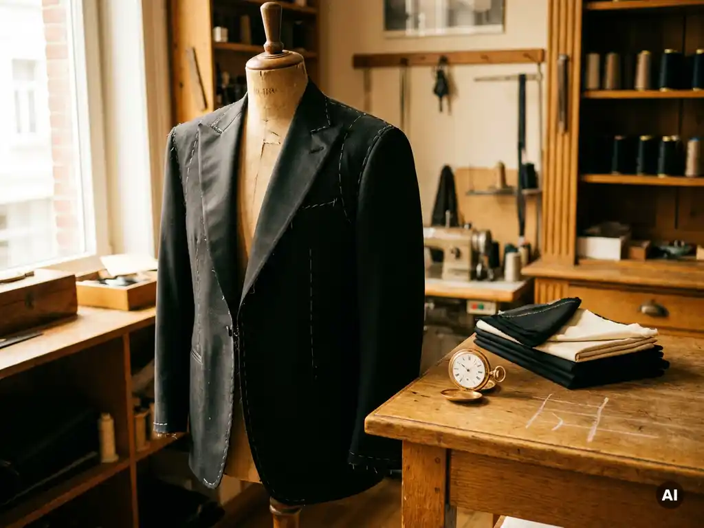Halfafgewerkt zwart smoking jasje op een paspop in een Belgisch atelier, met zijden revers en een vintage zakhorloge op een eikenhouten werktafel.