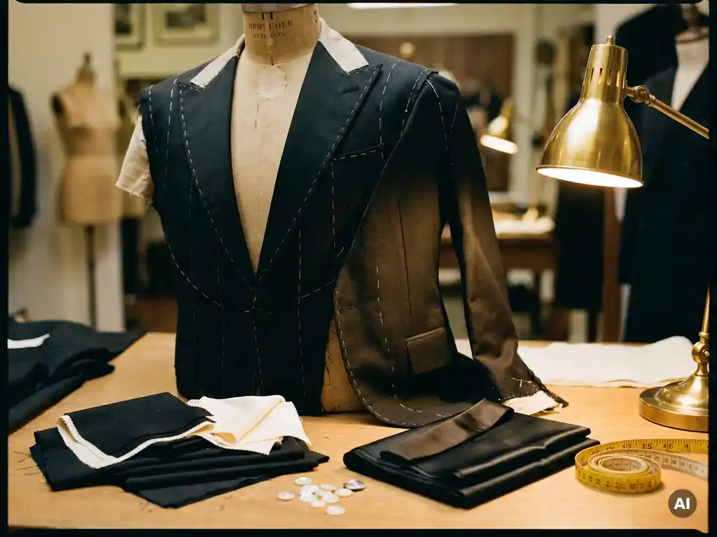 Une veste de smoking sur mesure à moitié terminée, posée sur un mannequin, entourée de tissus noirs et ivoire, de boutons en nacre et d'un mètre ruban, sous la lumière chaleureuse de l'atelier.