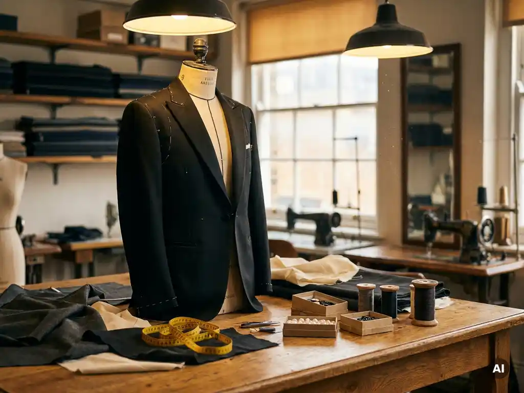 Une veste de smoking en laine noire à moitié finie, posée sur un mannequin de couture, entourée de tissus, de fils de soie et de boutons en perles, sur une table de coupe en chêne.