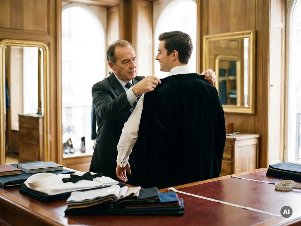 Dans un atelier belge doté d’une table de prise de mesures en acajou et de tissus, un tailleur drape un luxueux tissu de smoking noir sur les épaules d’un client.
