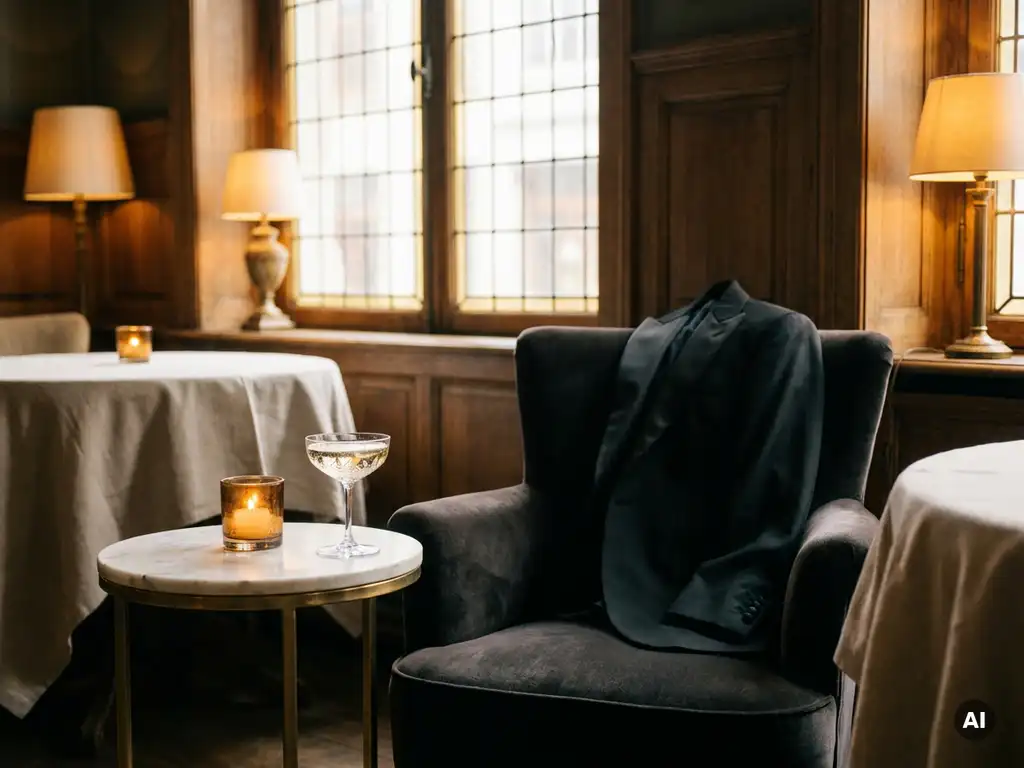 Veste de smoking noire à revers en satin posée sur une chaise en velours dans un café belge, coupe de champagne en cristal posée sur une table en marbre.
